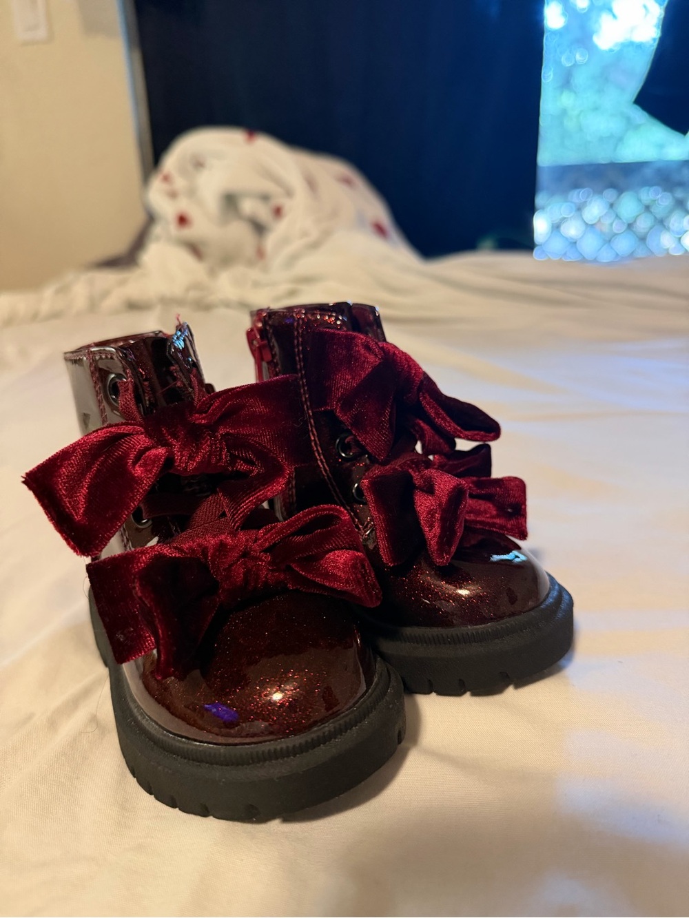 Lee Kids Burgundy Glitter Velvet Bow Ankle Boots with Black Sole